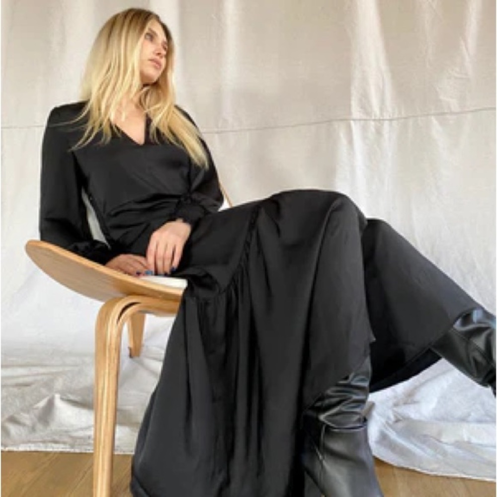 The Kooples Long Black Deep Plunge Pleated Dress - NWT!